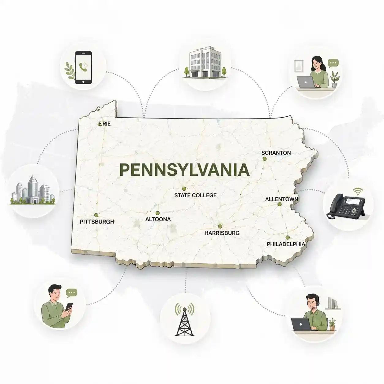 Pennsylvania state outline with icons for mobile, office, remote team and call center connected to a central phone pin